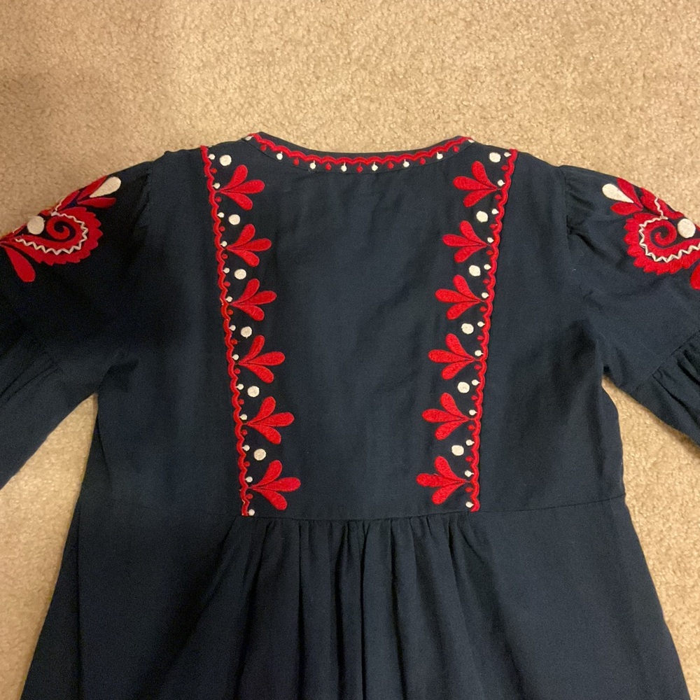 Zara Woman Boho Navy Blue Red Embroidered Tunic Long Sleeve Midi Dress Women’s L - Picture 11 of 14